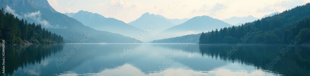 Serene lake surface reflects misty forest peaks, lake, skies Serene lake surface reflects misty forest peaks, lake, skies