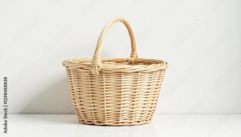 Obraz premium Single handle wicker basket placed on a simple white background, background, minimalist, storage