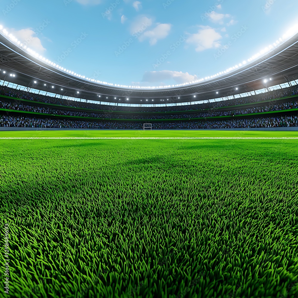 Fototapeta premium Lush Green Soccer Stadium Field Full Crowd Daytime