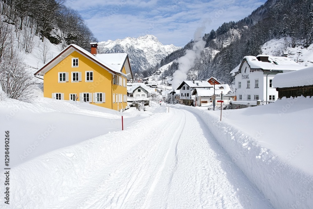 Naklejka premium A charming winter village covered in snow, with smoke rising from chimney tops