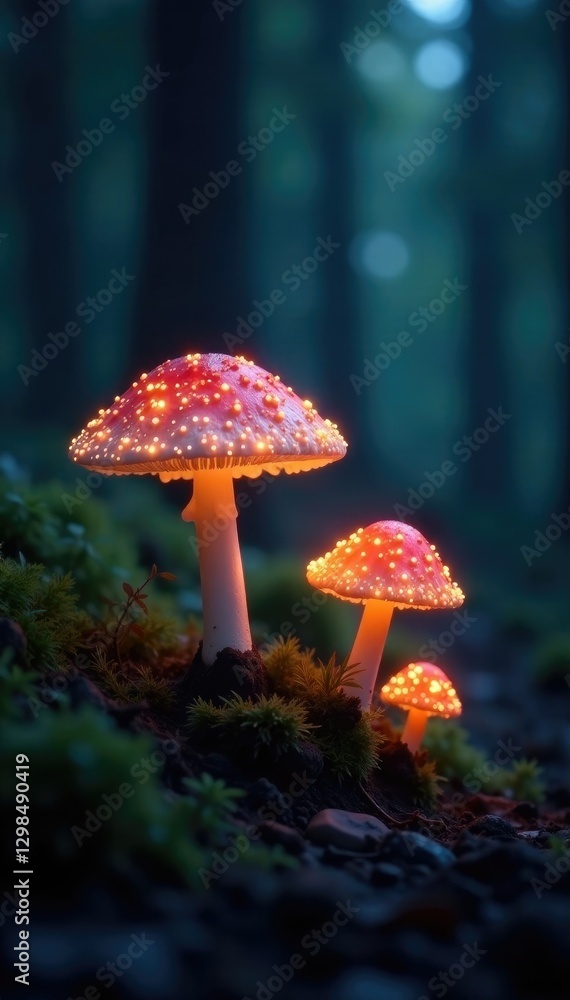 Fototapeta premium Softly glowing luminescent mushrooms in a forest clearing, mental health, fungi, nature
