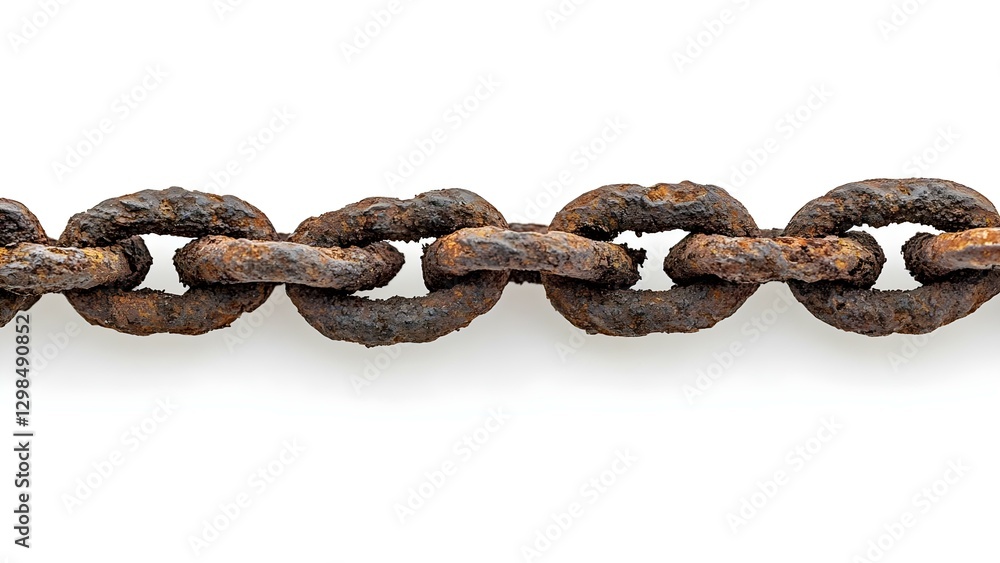 Obraz premium A close-up of an old, rusted metal chain with worn links against a white background. Concept Rustic Texture, Industrial Aesthetics, Macro Photography, Worn Metal, Vintage Charm
