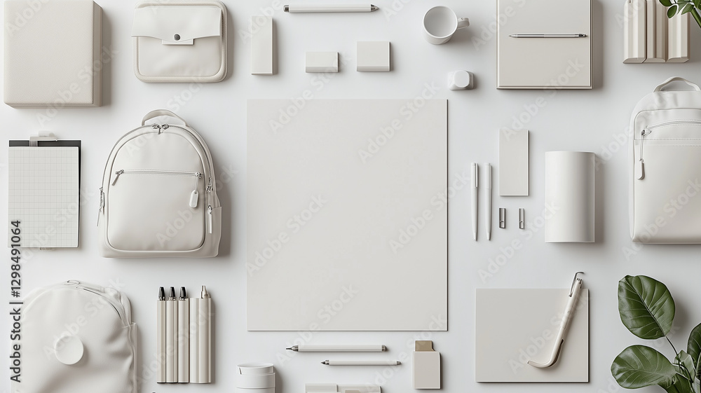 Minimalist workspace layout featuring white stationery, bags, and accessories, creating clean and organized aesthetic. Ideal for corporate gifts or office supplies Minimalist workspace layout featuring white stationery, bags, and accessories, creating clean and organized aesthetic. Ideal for corporate gifts or office supplies