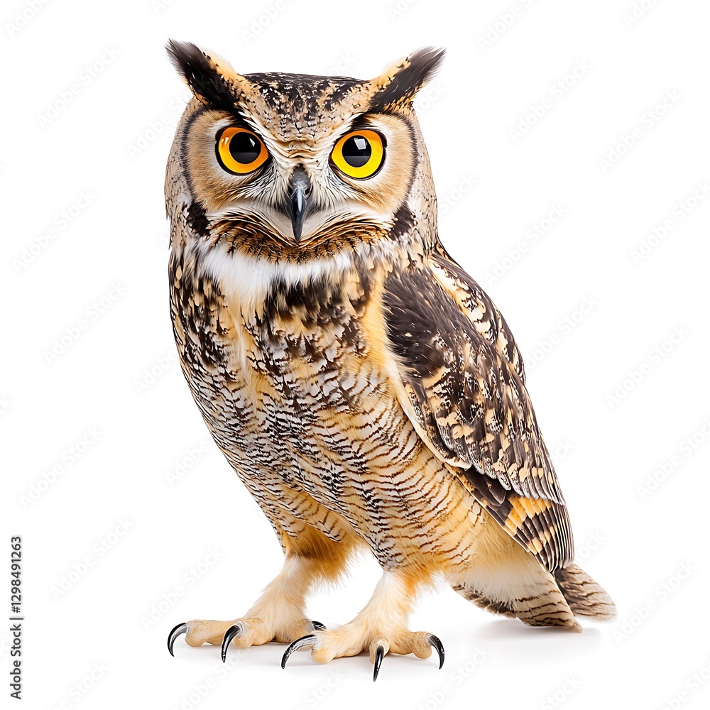 Obraz premium Majestic Great Horned Owl Isolated on White Background