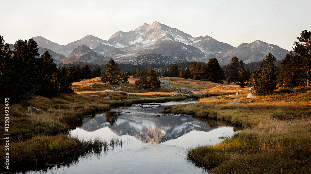Fototapeta premium Mountain reflection in alpine lake at sunrise
