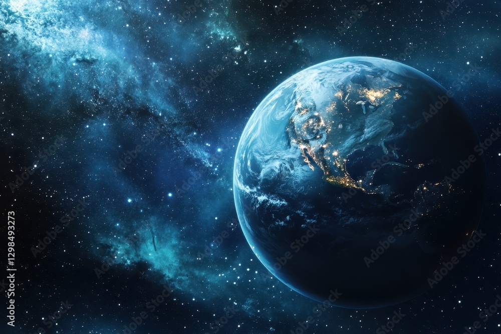 Fototapeta premium Earth illuminated by city lights against a starry cosmic backdrop at night