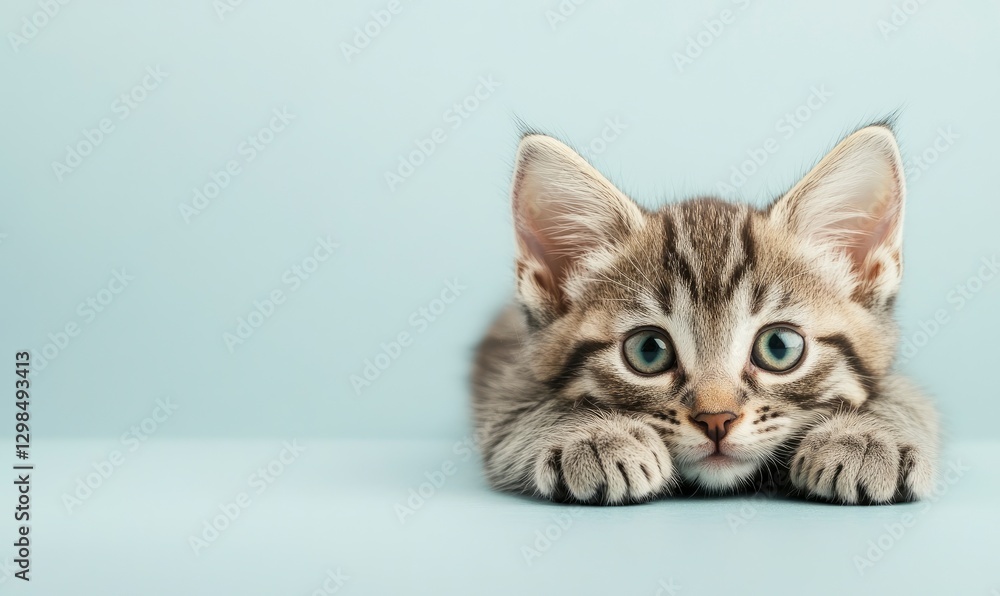 a grey tabby kitten on a light blue background, with a pastel color scheme for an animal shelter website banner. The cat is lying down with its paws outstretched and looking at the camera. a grey tabby kitten on a light blue background, with a pastel color scheme for an animal shelter website banner. The cat is lying down with its paws outstretched and looking at the camera.