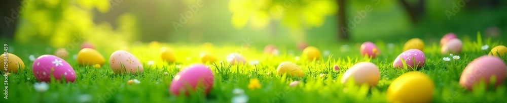 - Vibrant Easter eggs scattered on lush meadow with copy space, spring, nature, decoration - Vibrant Easter eggs scattered on lush meadow with copy space, spring, nature, decoration