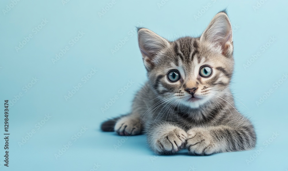 a grey tabby kitten on a light blue background, with a pastel color scheme for an animal shelter website banner. The cat is lying down with its paws outstretched and looking at the camera. a grey tabby kitten on a light blue background, with a pastel color scheme for an animal shelter website banner. The cat is lying down with its paws outstretched and looking at the camera.
