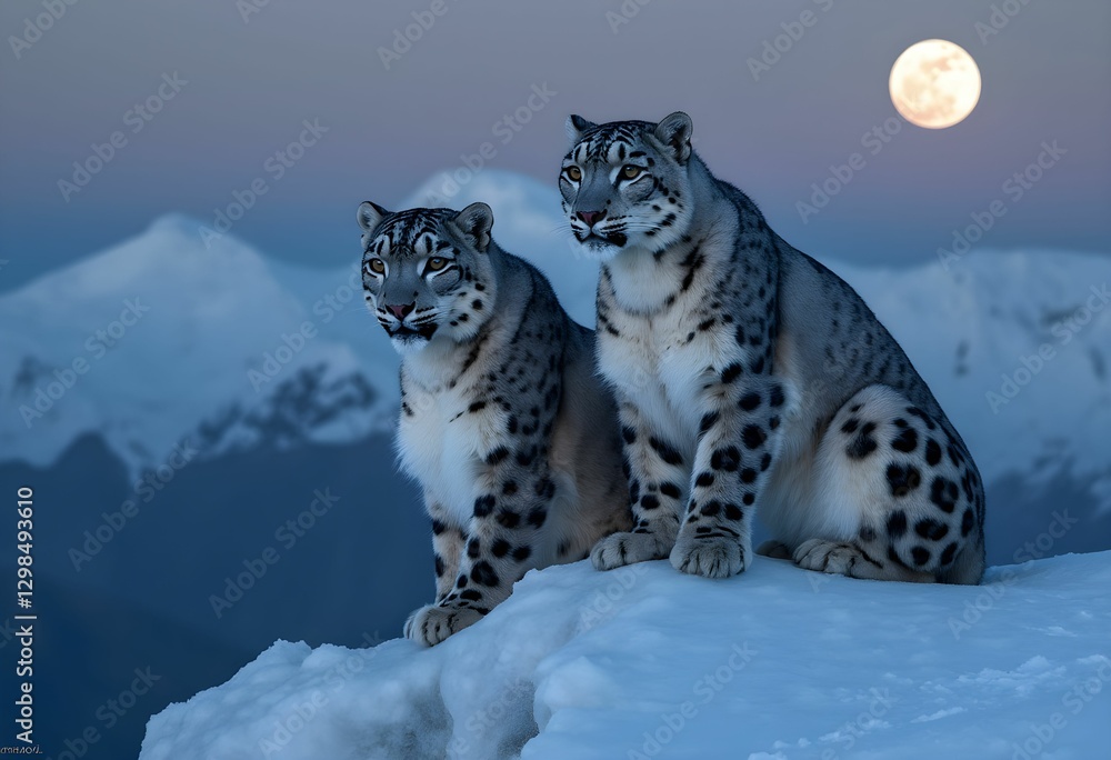 Obraz premium Moonlit Majesty – Two Snow Leopards Resting on an Icy Peak at Dusk