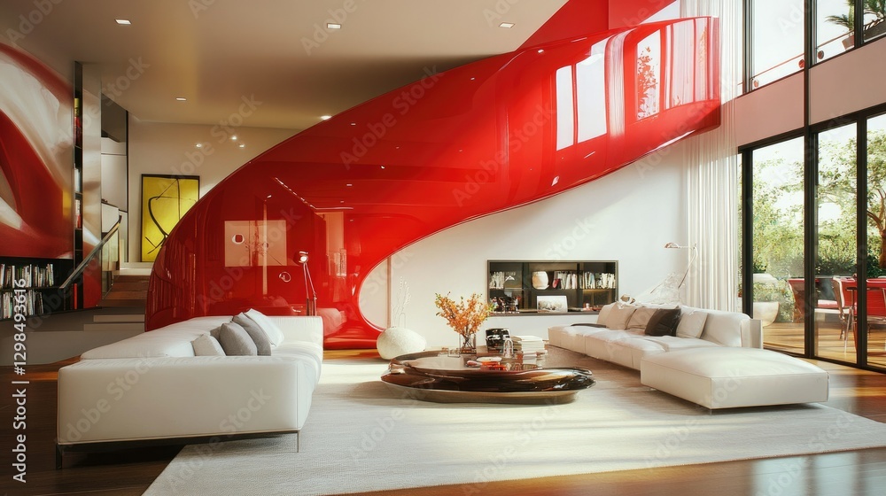 © DREAMERLYN STUDIO - Contemporary living room with bold red arc wall design, elegant furniture, and warm lighting, creating a stylish and modern interior.