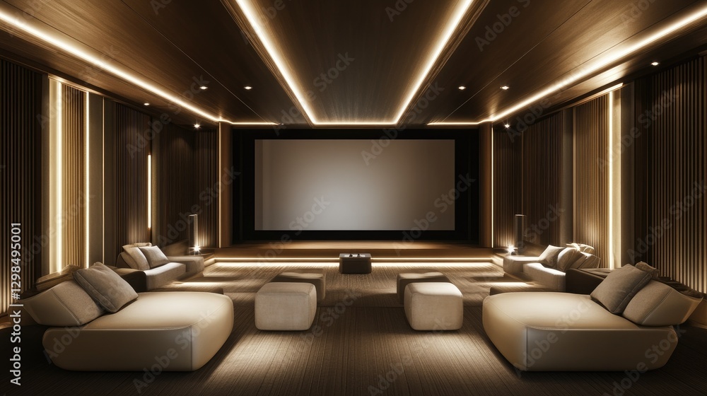 Elegant movie theater interior with soft ambient lights, a blank widescreen, and high-end design for immersive viewing Elegant movie theater interior with soft ambient lights, a blank widescreen, and high-end design for immersive viewing