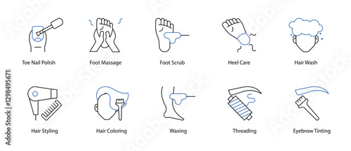 Complete Beauty and Self Care Icons, Nail Polish, Foot Massage, Hair Styling