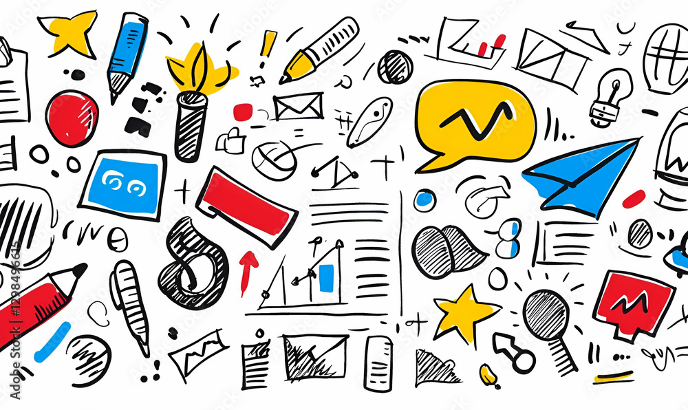 Creative doodle illustration with business icons and elements Creative doodle illustration with business icons and elements