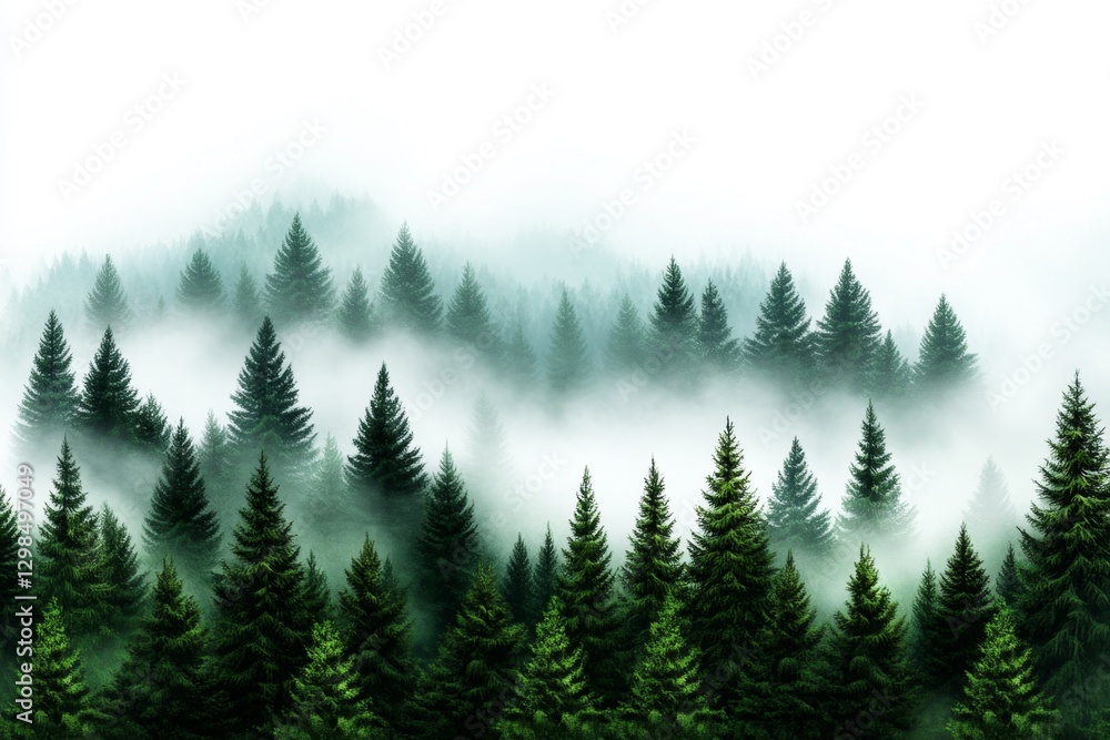 Fototapeta premium A digital illustration of a foggy pine forest, fading into the background in layers of mist