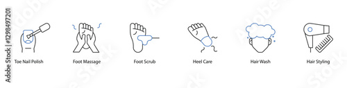 Foot and Hair Care Icons, Massage, Scrub, Styling, and Nail Polish