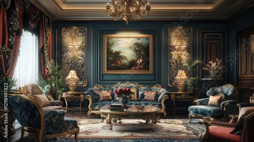 Opulent living room interior featuring a classic floral patterned wall, high-end furniture, and rich color tones for a timeless appeal