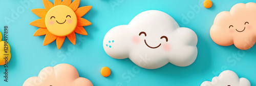 playful background featuring cheerful clouds, smiling sun, and colorful elements creates joyful atmosphere. Perfect for children designs or fun projects