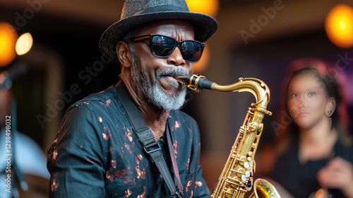 saxophonist wearing sunglasses plays soulful tunes at lively summer jazz festival, creating engaging atmosphere