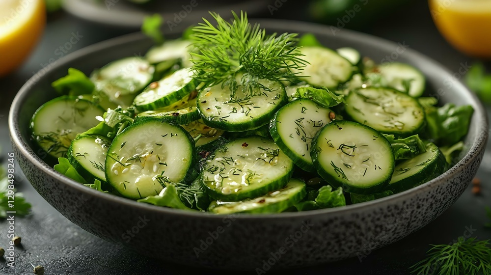 Fresh cucumber salad garnished with dill, presenting a healthy and vibrant dish perfect for summer meals and healthy eating. Fresh cucumber salad garnished with dill, presenting a healthy and vibrant dish perfect for summer meals and healthy eating.