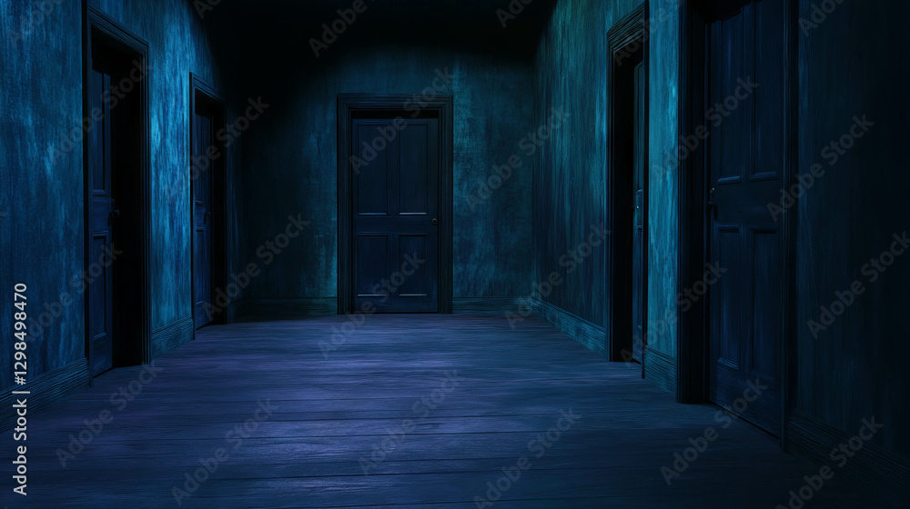 Mysterious corridor with repeating doorways in dimly lit empty rooms for creative design Mysterious corridor with repeating doorways in dimly lit empty rooms for creative design