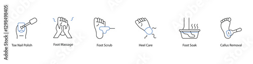 Foot Care and Nail Polish Icons, Massage, Scrub, and Callus Removal
