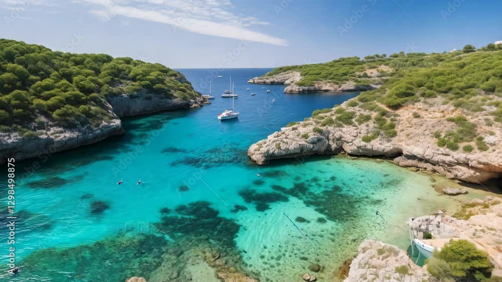 Scenic turquoise bay with crystal clear water, rocky cliffs, and anchored boats in a tropical paradise Scenic turquoise bay with crystal clear water, rocky cliffs, and anchored boats in a tropical paradise
