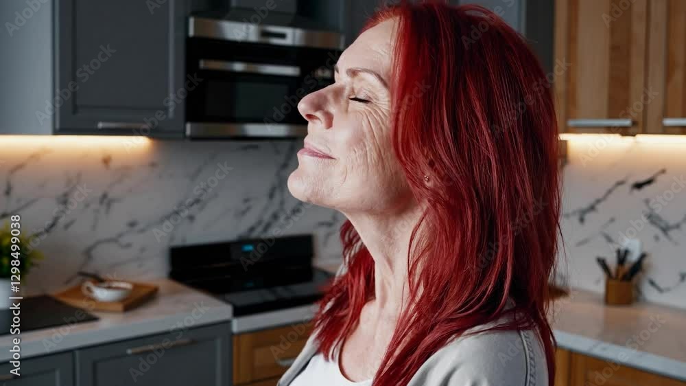 Relaxed mature woman with dyed red hair enjoying a peaceful moment with closed eyes and gentle smile, standing in a contemporary kitchen, embodying contentment and serenity in a domestic setting Relaxed mature woman with dyed red hair enjoying a peaceful moment with closed eyes and gentle smile, standing in a contemporary kitchen, embodying contentment and serenity in a domestic setting