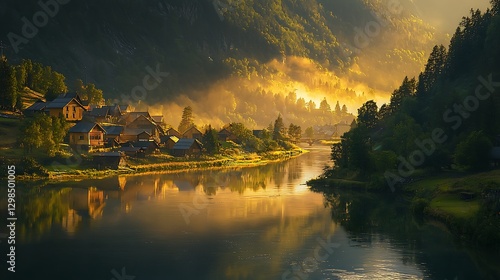 A serene river reflecting the golden light a village nestled in the valley below