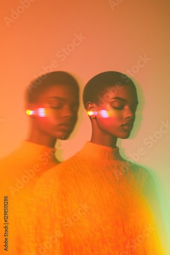 Two figures in vibrant hues create surreal, dreamlike atmosphere
