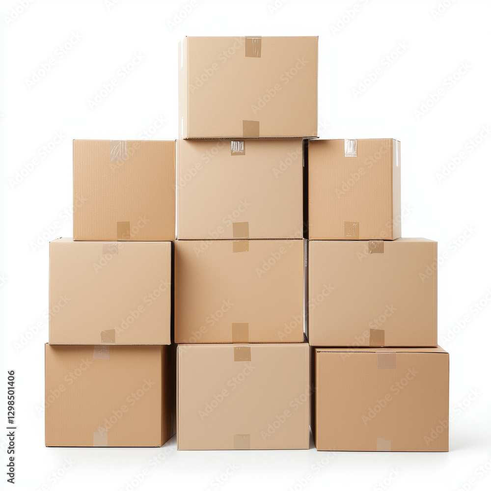 Stacked cardboard boxes on white background, ready for storage or shipping