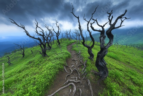 A decaying forest with eerie twisted trees and a mysterious fog creeping over the land