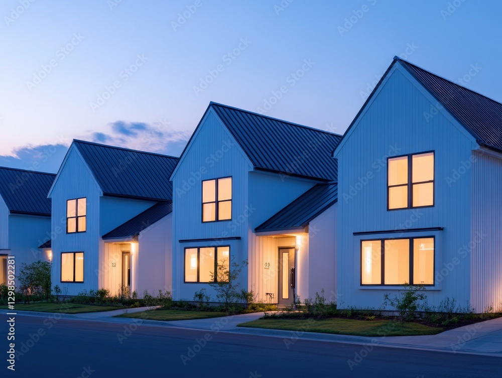 row of modern farmhouse style homes at dusk row of modern farmhouse style homes at dusk