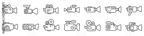 Video camera icon. Editable stroke. Set of black linear video camera icons. Camera symbol. Vector illustration