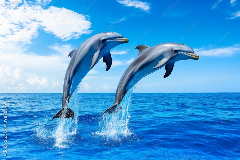 Fototapeta premium A deep blue ocean with dolphins jumping out of the water playfully