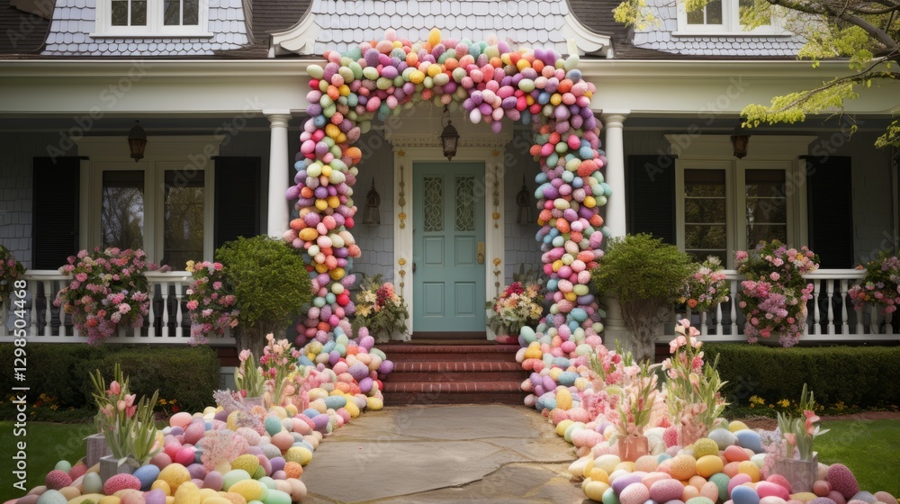 Fototapeta premium Colorful Easter Eggs Decorating House Entrance.