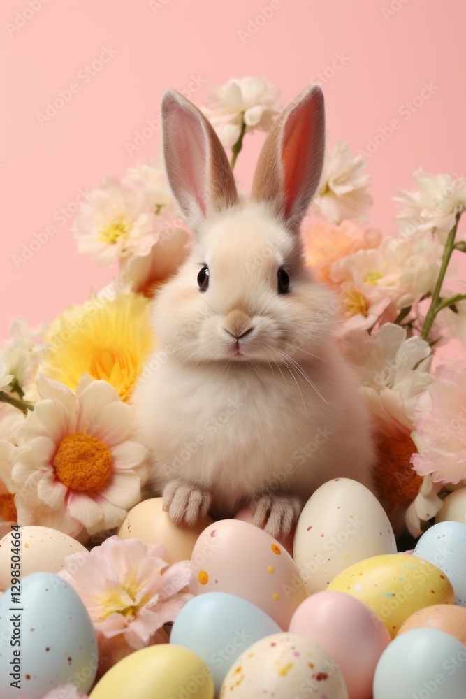Obraz premium Cute Bunny with Easter Eggs and Flowers.