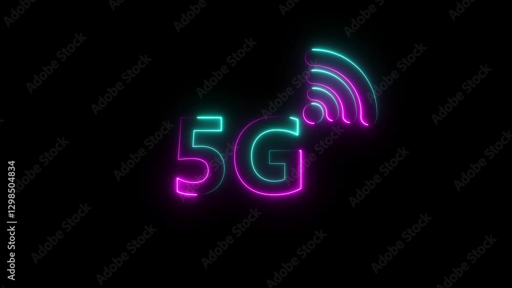 Glowing 5G network text technology animation on black background. Technology and network concept. Radio waves icon animation Glowing 5G network text technology animation on black background. Technology and network concept. Radio waves icon animation