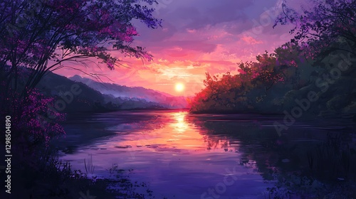 A serene river reflecting the soft purples and pinks a setting sun