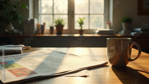 Newspaper with Jobs, Sunlit office desk with newspapers job listings warm light coffee mug