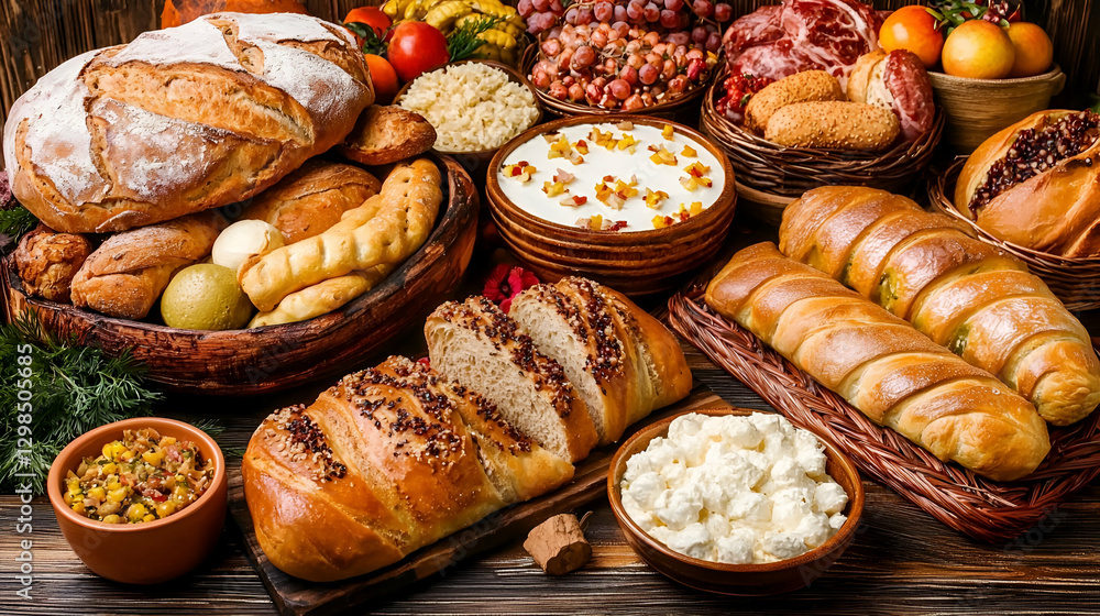 Freshly Baked Bread and Assorted Food Items on Rustic Wooden Table Freshly Baked Bread and Assorted Food Items on Rustic Wooden Table