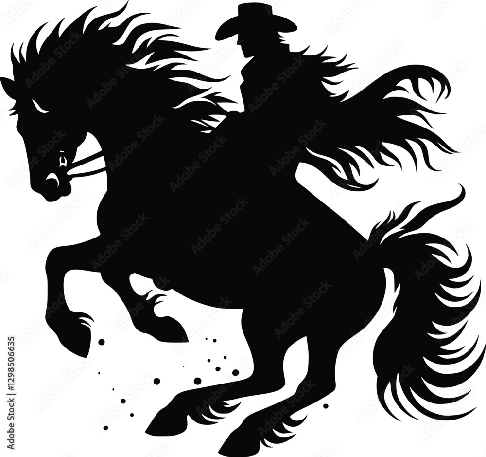 Bold silhouette vector of a cowboy riding a wild horse, black and white Western-style illustration with dynamic motion. Bold silhouette vector of a cowboy riding a wild horse, black and white Western-style illustration with dynamic motion.