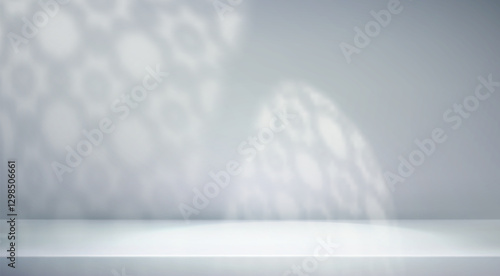 Abstract islamic grey empty studio room. Light Ramadan background shadow muslim arabesque ornament . 3d gradient backdrop light arabic arch window texture. Product presentation. Vector illustration