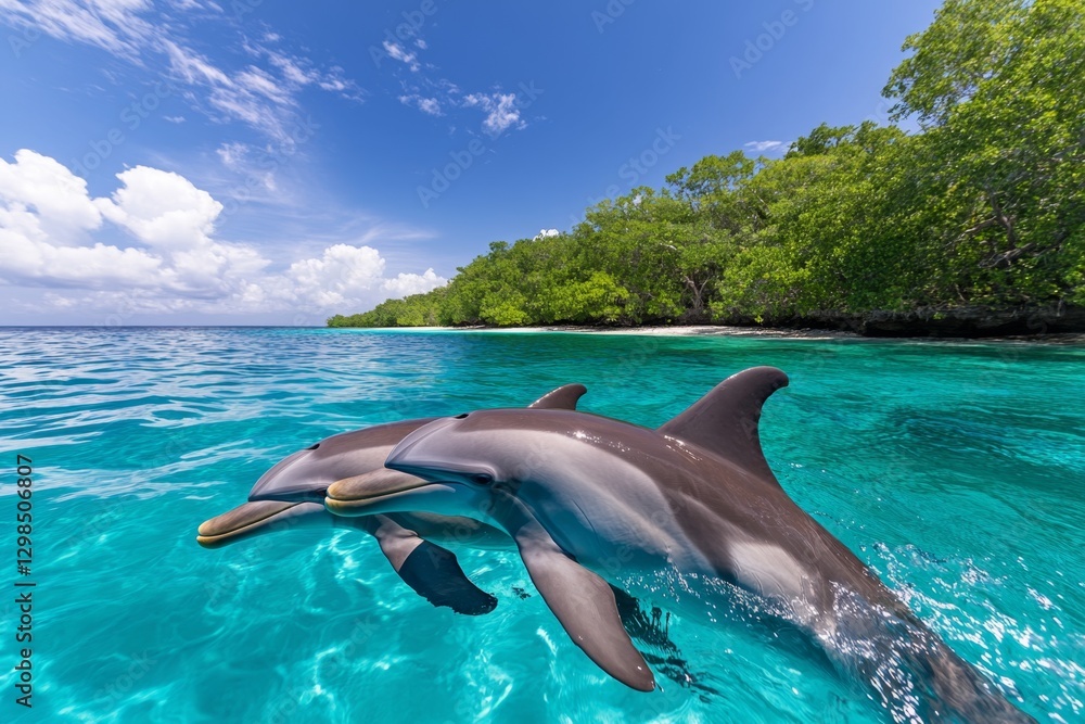 Fototapeta premium A dolphin pod playing near the edge of a tropical reef with crystal-clear water