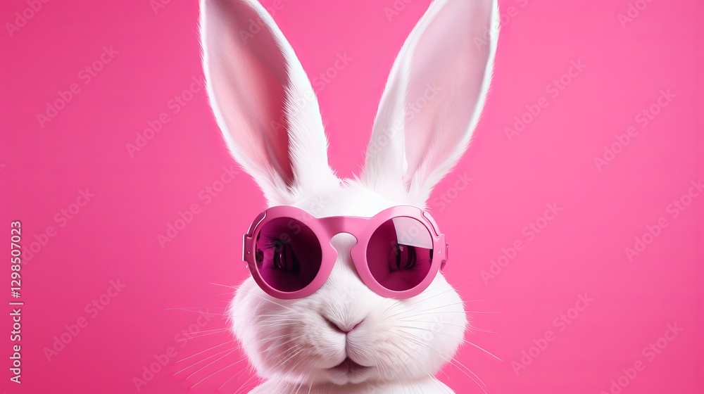Fototapeta premium White Rabbit Wearing Pink Sunglasses.
