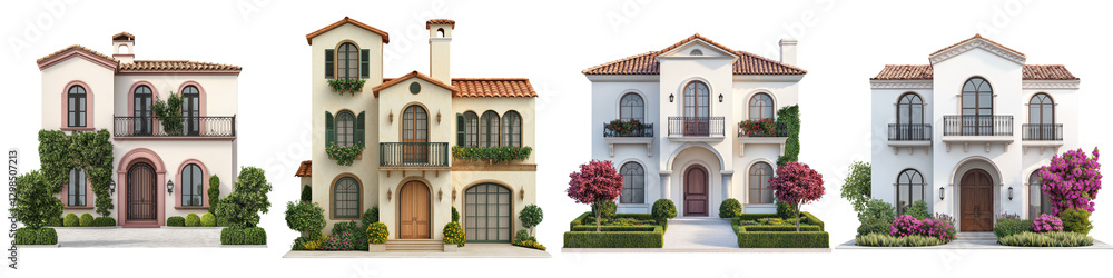 Fototapeta premium Elegant Mediterranean style luxury villa with ornate architectural facade terracotta roof tiles arched and doors surrounded by lush blooming garden landscape with flowering trees and plants