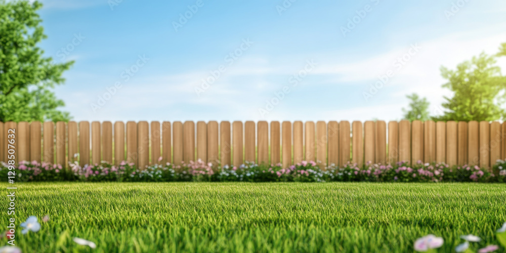 Fototapeta premium vibrant green lawn adorned with colorful flowers and wooden fence under clear blue sky creates serene outdoor atmosphere