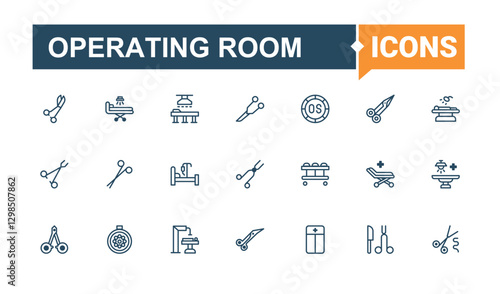 Operating Room line icons. It contains symbols to head, knee, up, doctor, side view, patient, technology, lying. Collection for mobile and web apps. Solid line editable vector illustration.