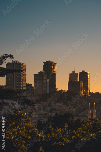 Photography Golden Gate Bridge Cityscape View At The Sunset, San Francisco, USA