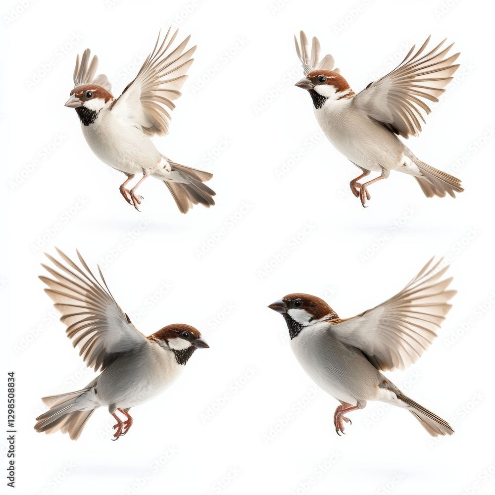 Fototapeta premium Four Sparrows Flying on White Background Stock Image